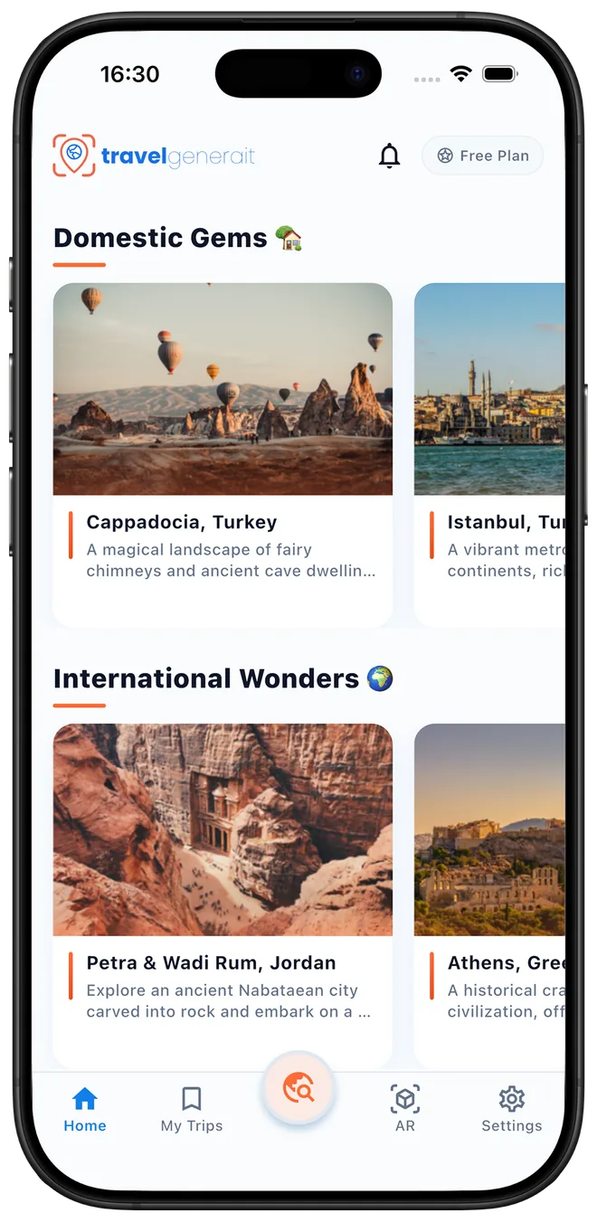 TravelGenerait home screen with destination suggestions